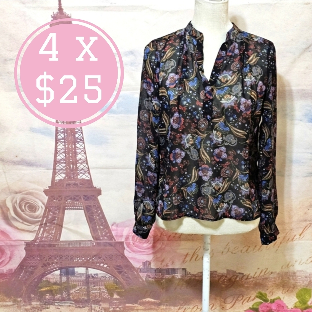Forever 21 Floral Black Long Sleeve Blouse Sz S
